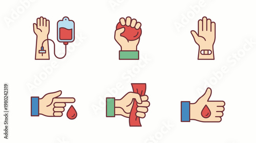 Set of blood donation and medical treatment hand icons. EPS Editable. Vector Illustrations.