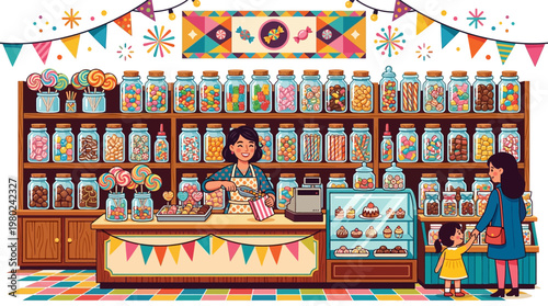 Woman working behind candy store counter.