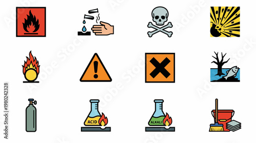 Set of colorful chemical hazard and safety warning symbols and icons. EPS Editable. Vector Illustrations.