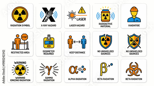Set of colorful hand drawn radiation hazard and safety warning icons. EPS Editable. Vector Illustrations.