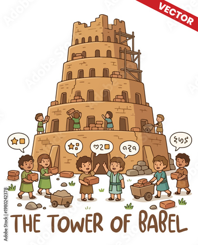 Photos The Tower of Babel Bible Story Vector Illustration, Ancient Construction and Lan