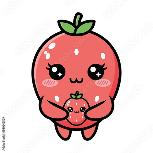 Cute cartoon strawberry holding a smaller strawberry.