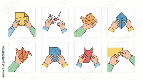 Set of eight flat vector illustrations showing hands making origami paper figures. EPS Editable. Vector Illustrations.