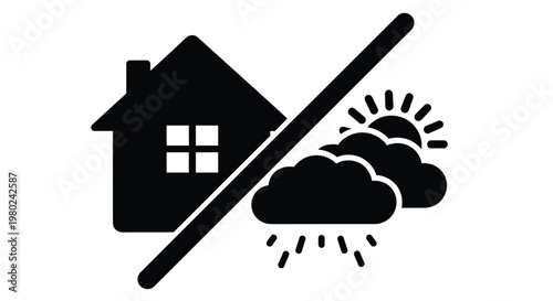 A black silhouette of a house is crossed out over weather imagery including clouds sun and rain