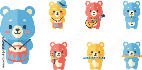 Photos Cute Bear Music Cartoon Characters Set with Drum Guitar Flute Instruments Kids F