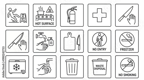 Set of fifteen hand drawn kitchen and workplace safety warning icons. EPS Editable. Vector Illustrations.