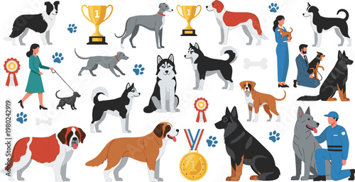 Dog Show Competition Illustration Featuring Various Breeds, Winners Medals, Trophies, Handlers and Judges, Pet Training and Exhibition Concept Flat Vector Design.