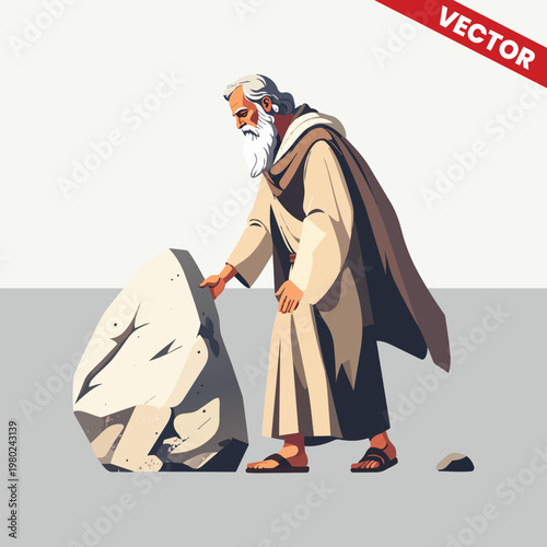 Prophet Moses Looking at Stone Rock Vector Illustration Biblical Story Character for Religious Education Christian Sunday School Church Material Old Testament Prophet Design