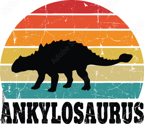 Ankylosaurus Dinosaur Silhouette on Vintage Retro Sunset Background.