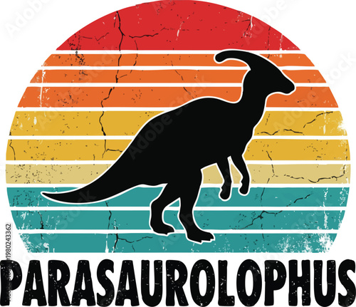 Parasaurolophus Dinosaur Silhouette on Retro Sunset Background.
