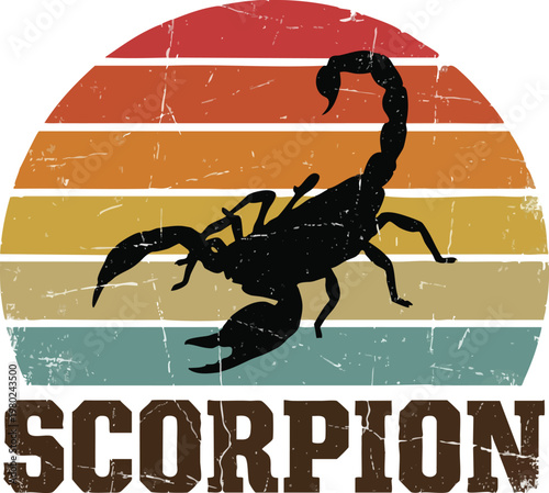 Vintage Distressed Scorpion Silhouette with Retro Striped Sun.