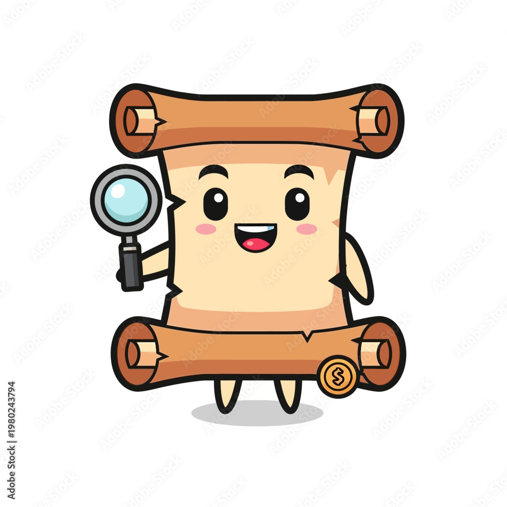 Obraz premium Cute Scroll Character Holding Magnifying Glass Illustration.