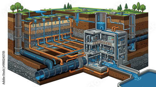 Geothermal power plant infrastructure diagram.