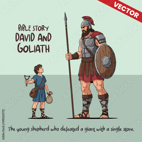 Young Shepherd David Facing Giant Goliath Vector Illustration Bible Story Courage and Faith Battle Slingshot Christian Religious Graphic Art