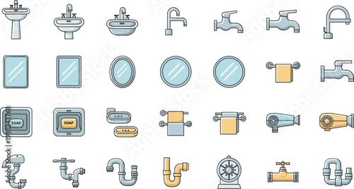Bathroom Sink and Faucet Icons Set with Wash Basin Tap Water Flow Hygiene Equipment Outline Vector Collection