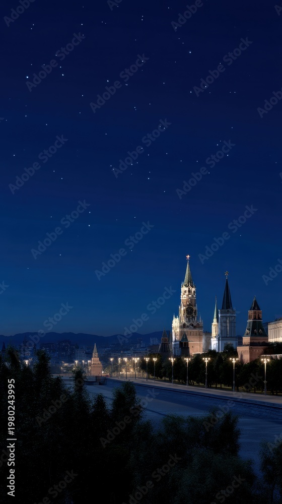 Obraz premium Dramatic Night View of Towers Illuminated by Soft Lighting against Starry Sky