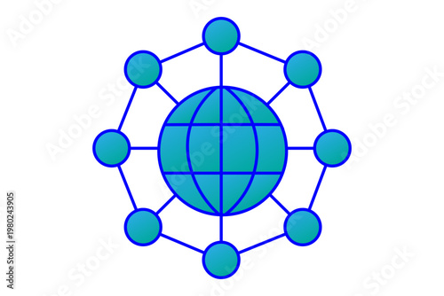 The image features a global network icon centered on a white background.