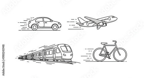Diverse Transportation Methods: Car, Airplane, Train, Bicycle - Motion Icons