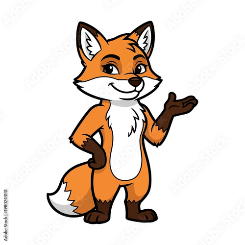 Friendly cartoon fox character standing and gesturing with a welcoming pose.