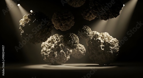 Dramatic Abstract Porous Structures Spotlighted in Dark Space: Science, Geology, Organic Concept