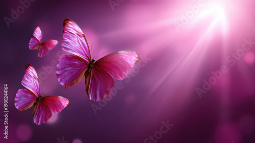 Three vibrant butterflies take flight against a luminous pink backdrop, dancing gracefully amidst radiant light, evoking a sense of transformation and ethereal beauty.