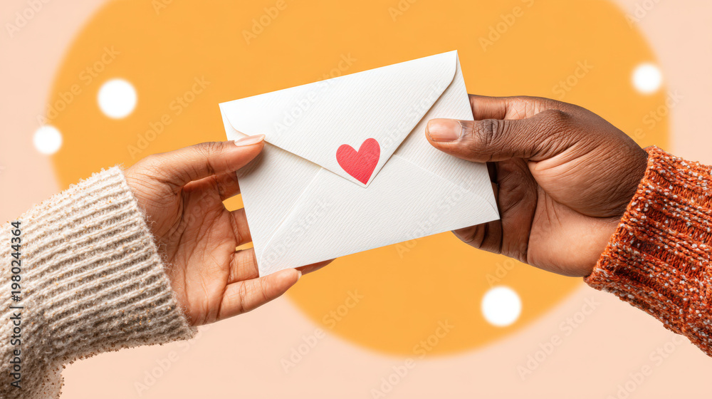 Obraz premium A heartfelt exchange as two hands delicately meet, the touchpoint where a single, sealed envelope is passed, adorned with a tiny, red heart.
