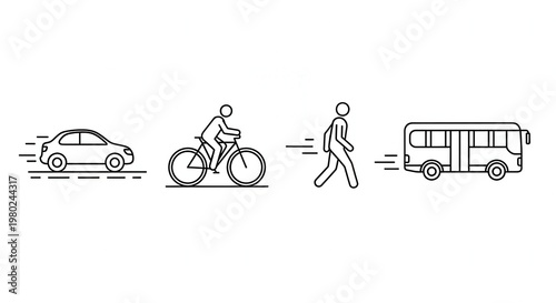 Diverse Transportation Modes: Car, Bicycle, Pedestrian, Bus