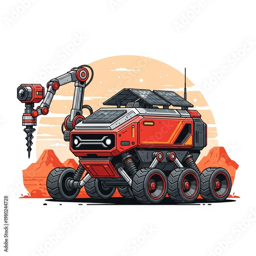 A vintage red toy car and retro truck transport equipment like a construction bulldozer or tractor across the grass for a motor vehicle adventure