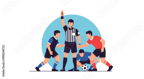 Referee signals decision during soccer match with players around ball at a playing field