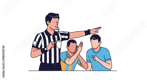 Referee gives instructions to players during a soccer match at a local sports field on a sunny afternoon
