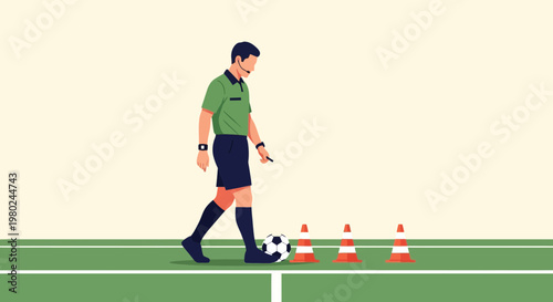 Referee walks on the field with soccer ball and cones during practice sessions in a stadium setting