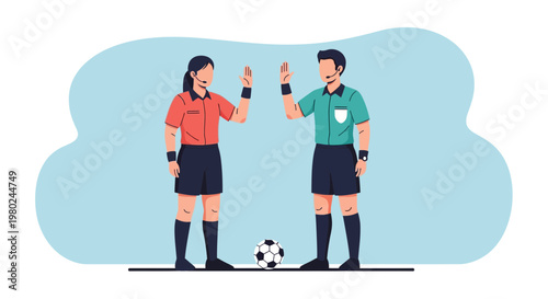 Two soccer referees discussing a game call in a sports setting indoors during a match