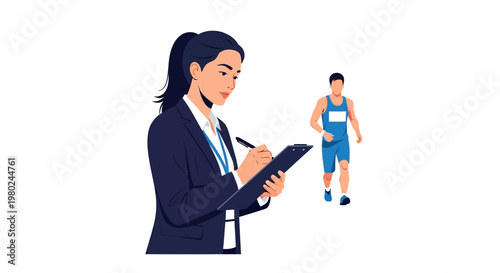 Woman in suit observes male athlete during event while taking notes and tracking performance in a sports setting