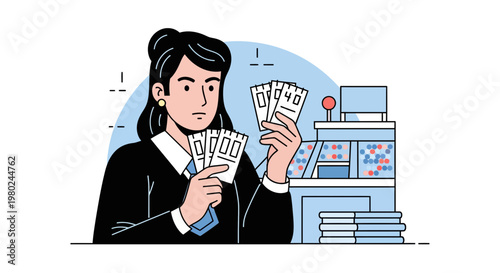 Woman holding lottery tickets at a ticket counter while looking serious about her chances of winning