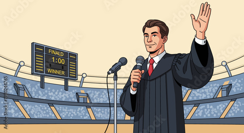 Judge announces winner at a sports event in a large stadium during final match