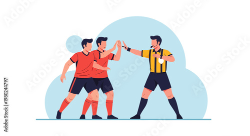 Two players celebrate after scoring a goal with a referee overseeing the game during a soccer match