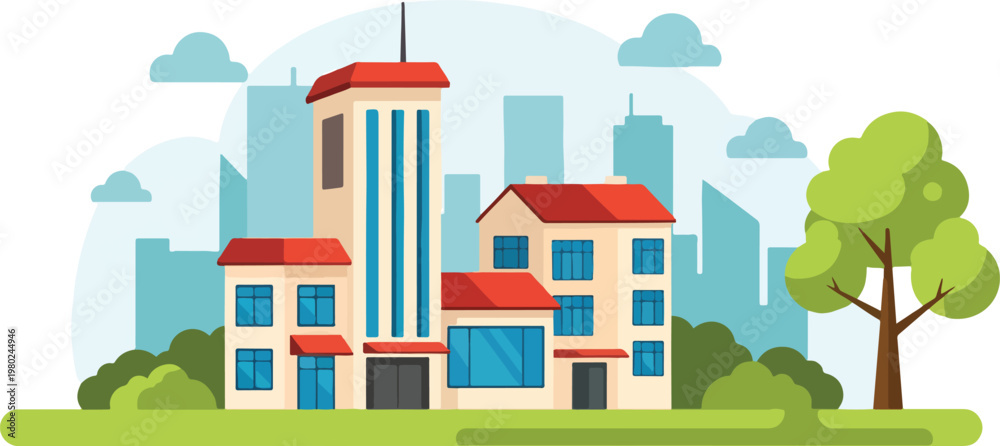 Obraz premium Pixel Art Cityscape Buildings With Red Roofs And Tree On Light Blue Background