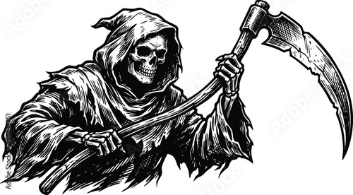 Black and White Grim Reaper Illustration Holding a Large Scythe.