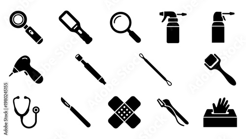 Dermatology Equipment Silhouette Set, Skin Doctor Tools and Medical Devices Icons, Dermatology Clinic Vector