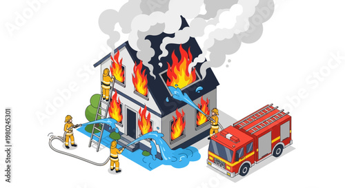 Isometric vector illustration depicting people working as firefighters, putting out a fire engulfing a house, with a firetruck parked nearby against a clean white background