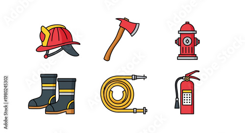 A set of firefighter tools, including a helmet, axe, hydrant, boots, hose, and extinguisher, presented as a clean vector illustration against a white background with a flat lay composition
