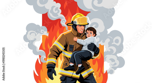 A heroic firefighter carrying a child to safety, shown in a stylized vector illustration with vibrant orange flames and billowing smoke against a white background, conveying a sense
