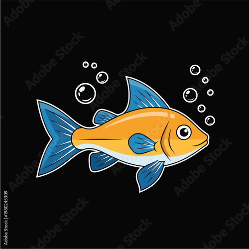 Pixel Art Cute Golden Fish Isolated Object On Black Background Bubbles