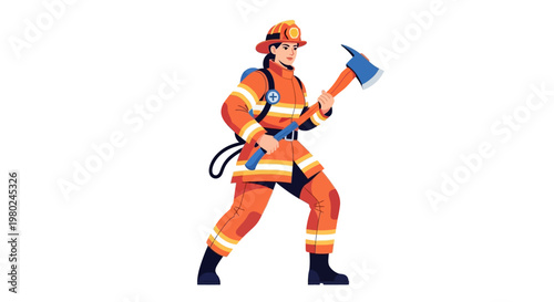 Female firefighter in orange uniform and helmet holding an axe, ready for action, flat vector illustration on a white background.