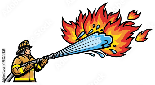 Illustration of a firefighter in uniform holding a hose and actively spraying water to extinguish a large, vibrant fire with orange and yellow flames.