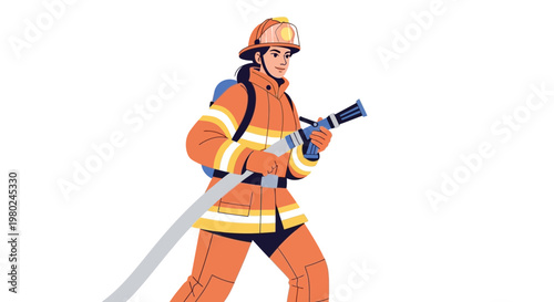 Brave female firefighter in full protective gear holding a hose and nozzle, ready for emergency response, isolated on white background.