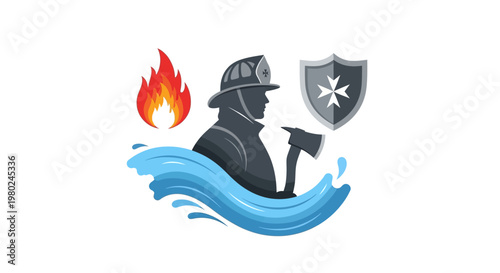 Firefighter silhouette with axe, flames, water waves, and a protective shield, symbolizing emergency services and safety.