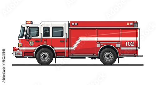 Detailed vector illustration of a bright red and white fire truck, showcasing its side profile against a clean white background, emphasizing its emergency response design