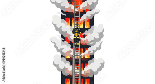 Firefighter climbing a ladder on a burning building engulfed in smoke, illustrating an emergency rescue operation in an urban environment.