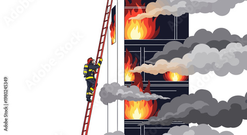 A brave firefighter climbs a ladder on the side of a tall building engulfed in flames and thick smoke, battling a dangerous fire.